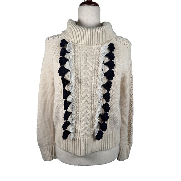 J Crew Sweater Womens Extra Small Cream Cable Knit Turtleneck Embroidered Trim - Picture 1 of 10